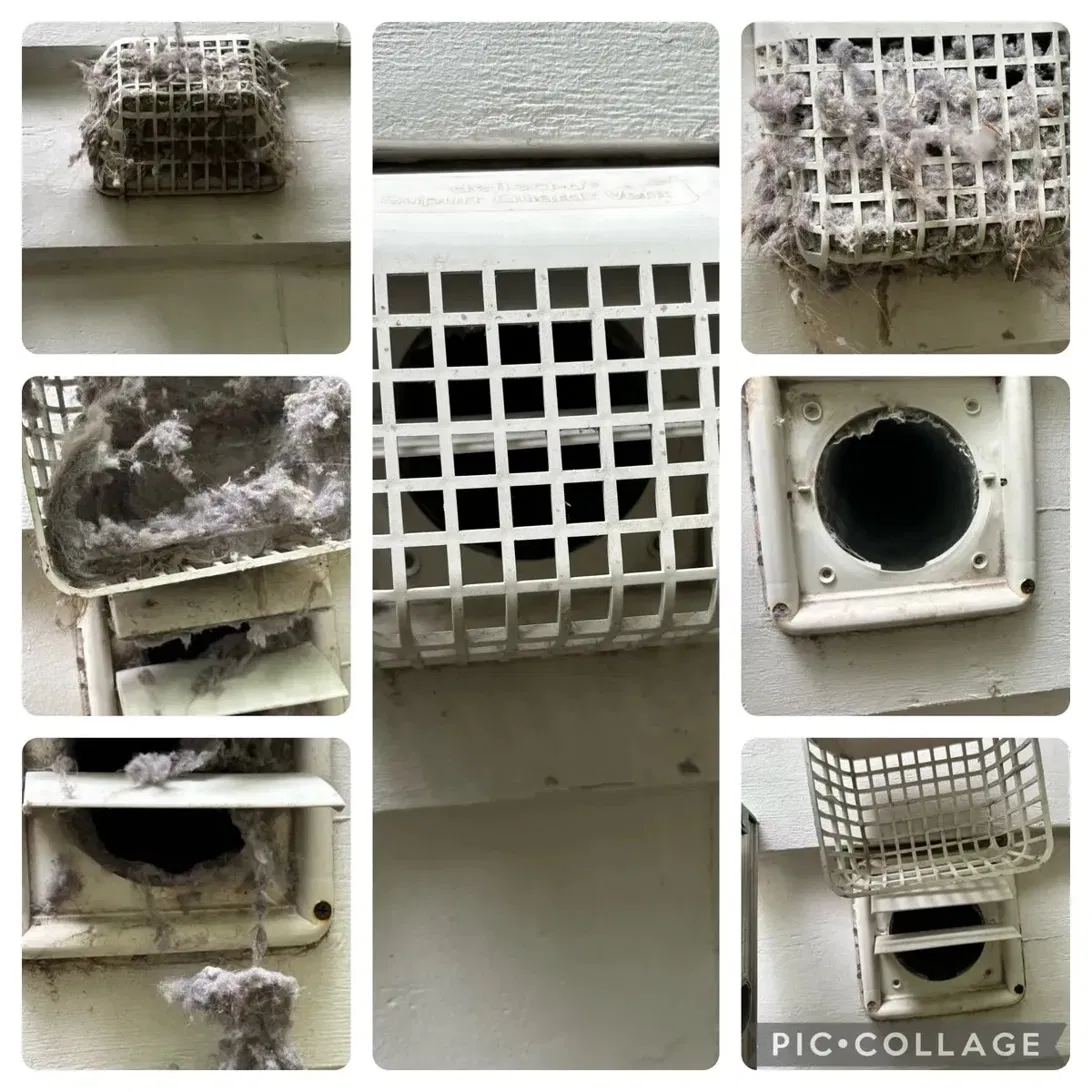 Collage of clogged dryer vent caps showing heavy lint buildup across multiple jobs